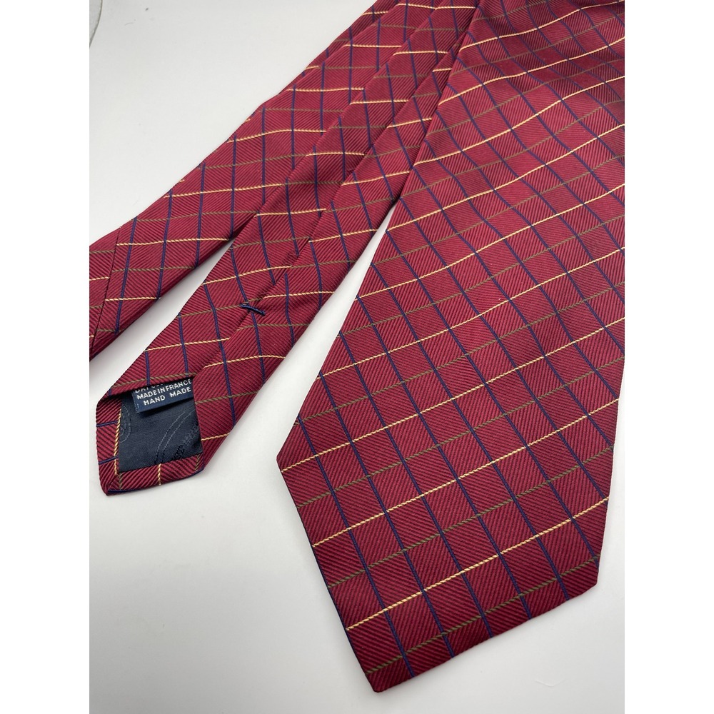Faconnable Mens Silk Tie Burgundy Gold Navy Blue Windowpane Check Made in France